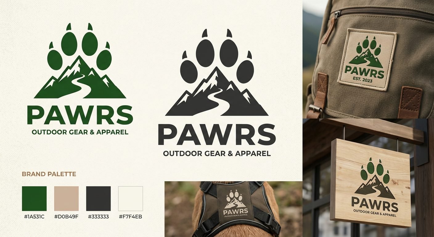 PAWRS brand board: logo lockups, palette, patches and product applications